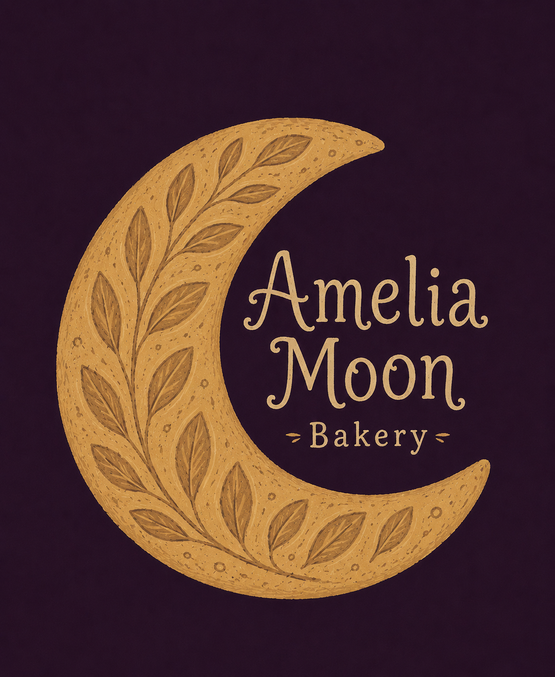 Amelia Moon Bakery, a golden crescent bread moon decorated with wheat leaves